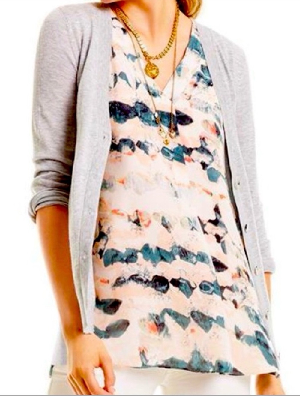 CAbi Watercolor “Gelato” V-Neck Sleeveless Top Blouse- Teal & Pink Small (#5035)